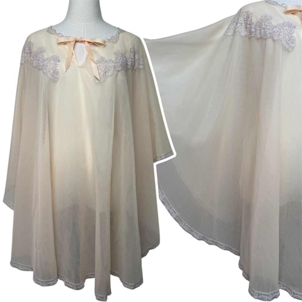 True Vintage 60s Mistee Peach Nylon Sheer Bed Cape Jacket Lingerie Medium